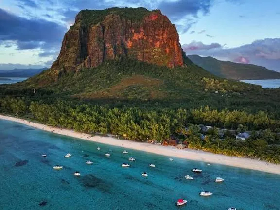 Aerial view of Le Morne mountain and beach