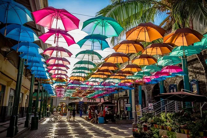 Colorful umbrella covered street in a shopping area