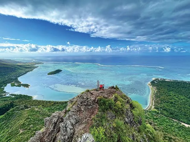 View from Le Morne mountain over lagoons and coastline